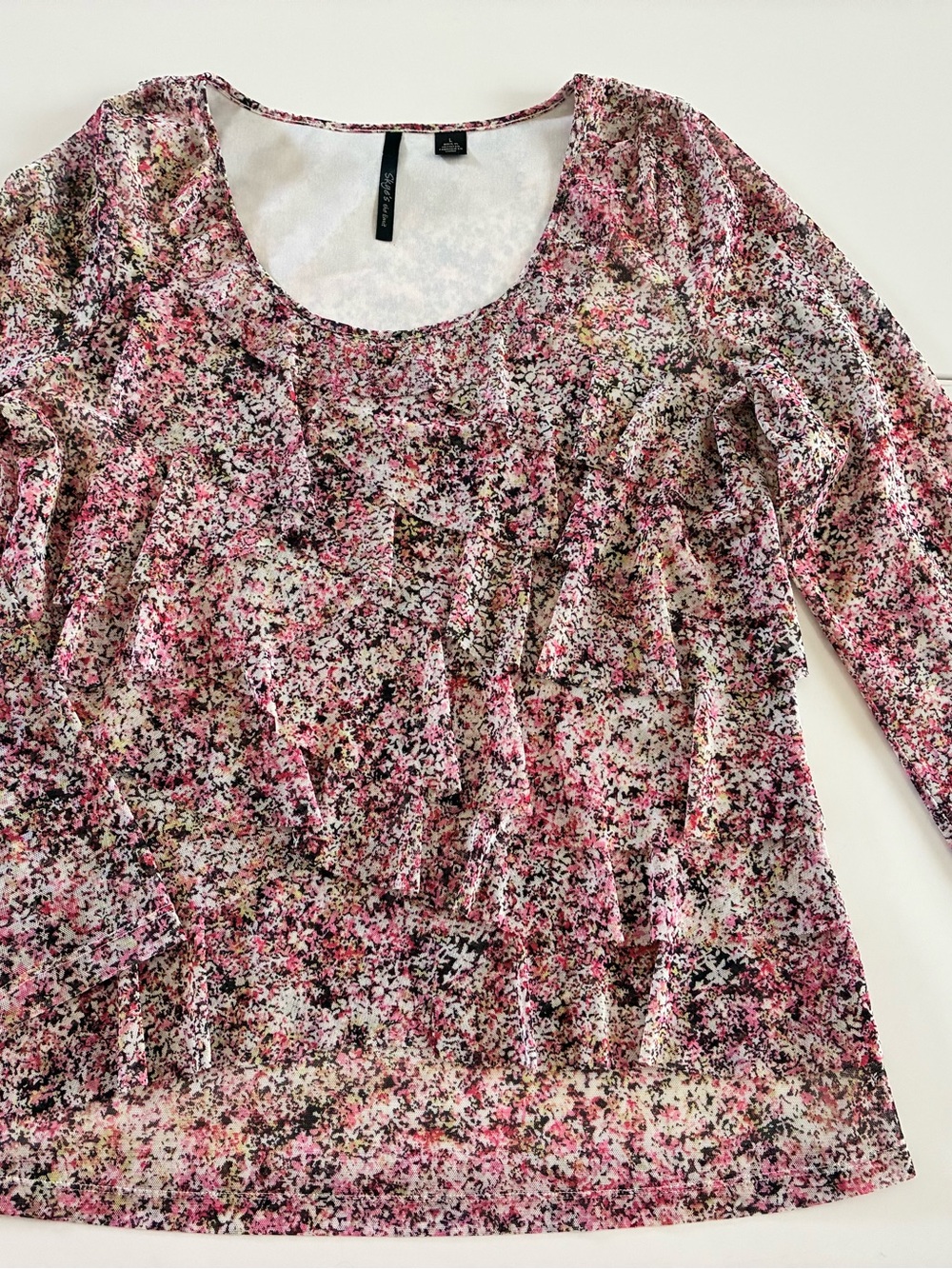 VTG Skye's the Limit L Pink Poly Spandex Multi-Print Long Sleeve Scoop Neck Top - Picture 6 of 12